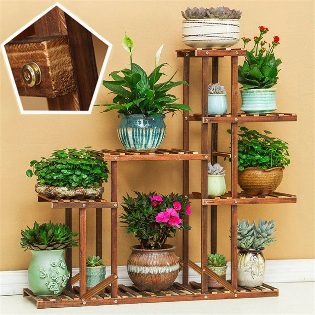 5Tier Solid Wood Plant Stand Flower Pot Shelf Balcony Holder Rack Anti-Corrosion