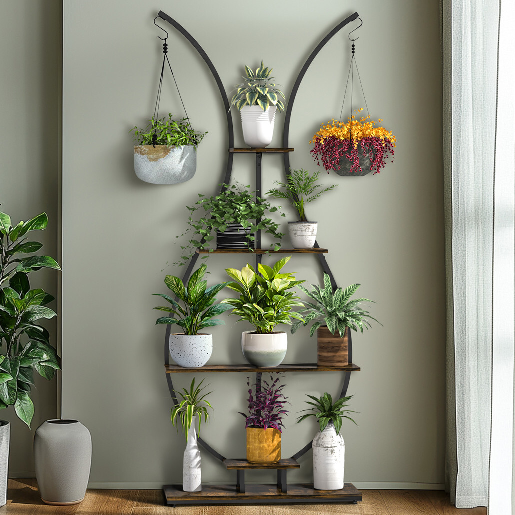 5Tiers Industrial Plant Stand Vase-Shape Plant Shelf Display Rack W/Hanging Hook