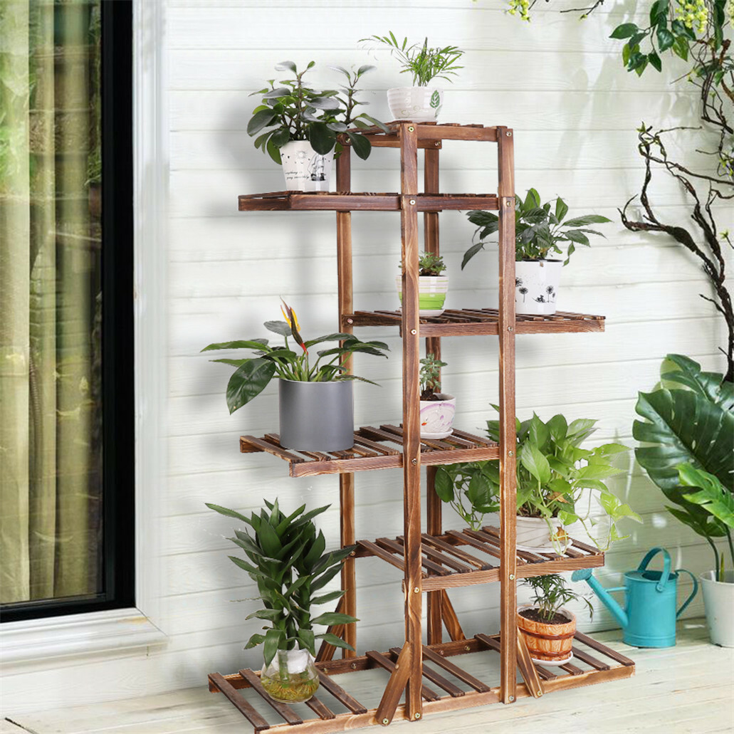 6 Tiers Wooden Plant Stand Flower Pot Rack Shelf Garden Display Home Decor