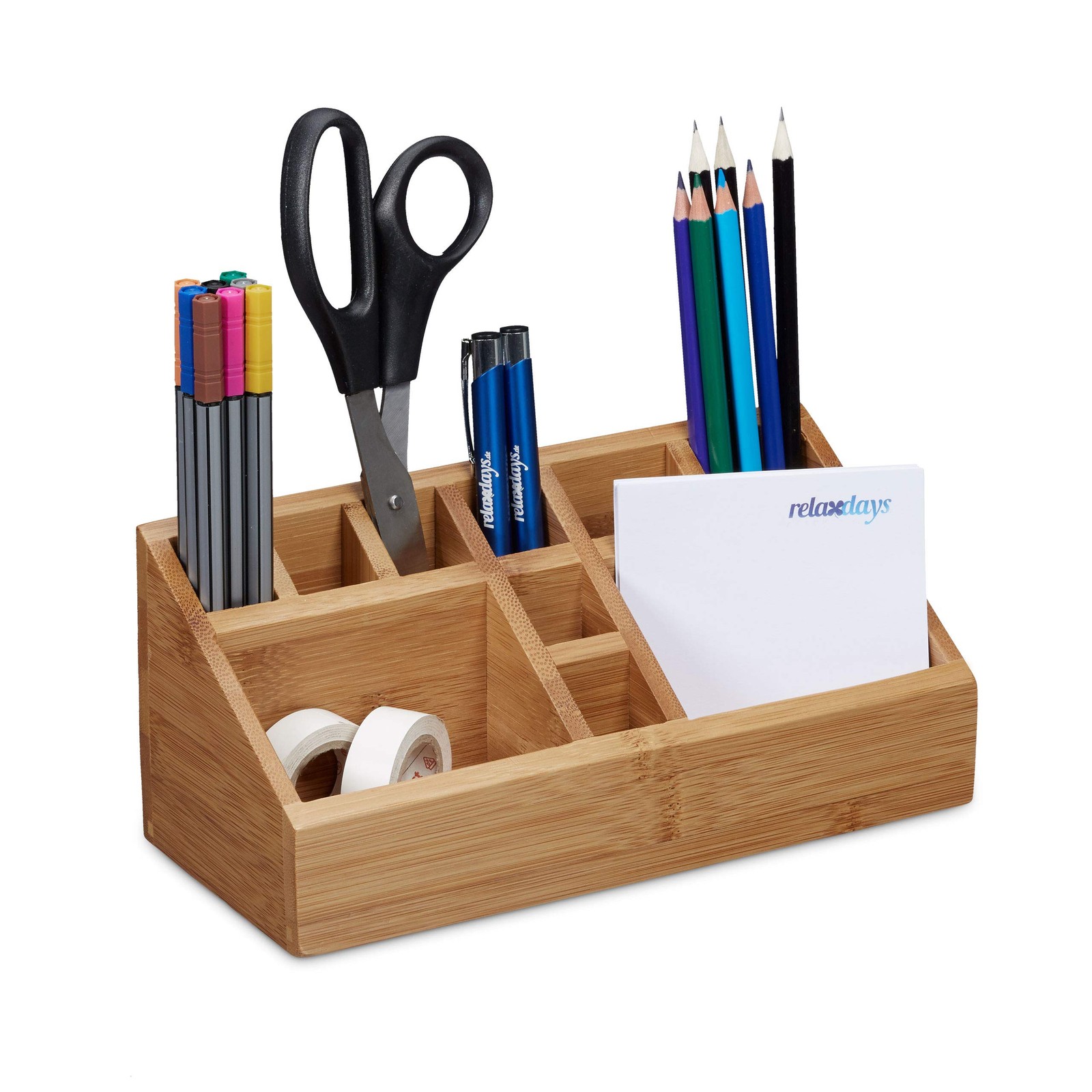 Relaxdays Bamboo Desk Organiser, Pencil Holder, 10 Compartments, Wood Grain, Siz