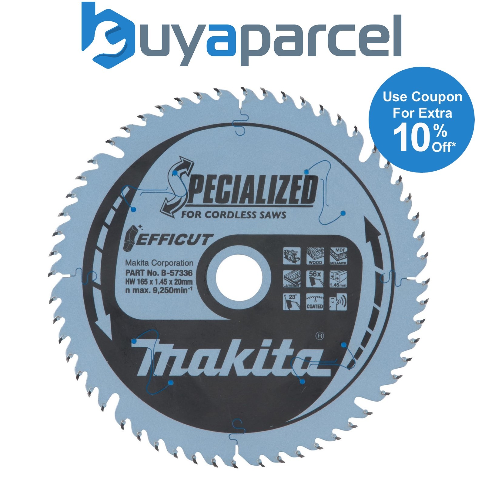 Makita B-57336 165mm x 20mm 56 Teeth Efficut Cordless Plunge Saw Blade DSP600