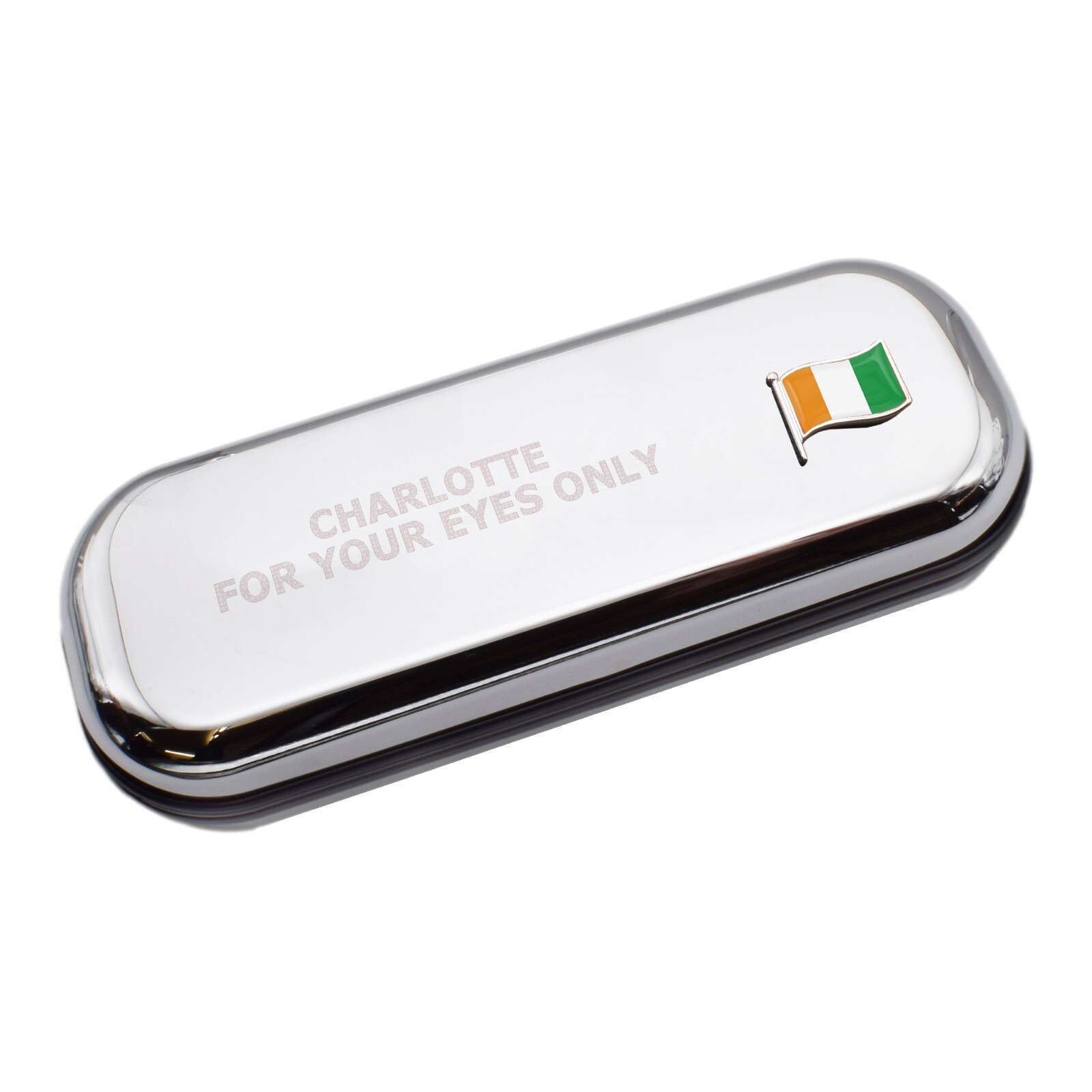 Ivory Coast Wave Flag & Engraved With Message Chromed Glasses Case Box