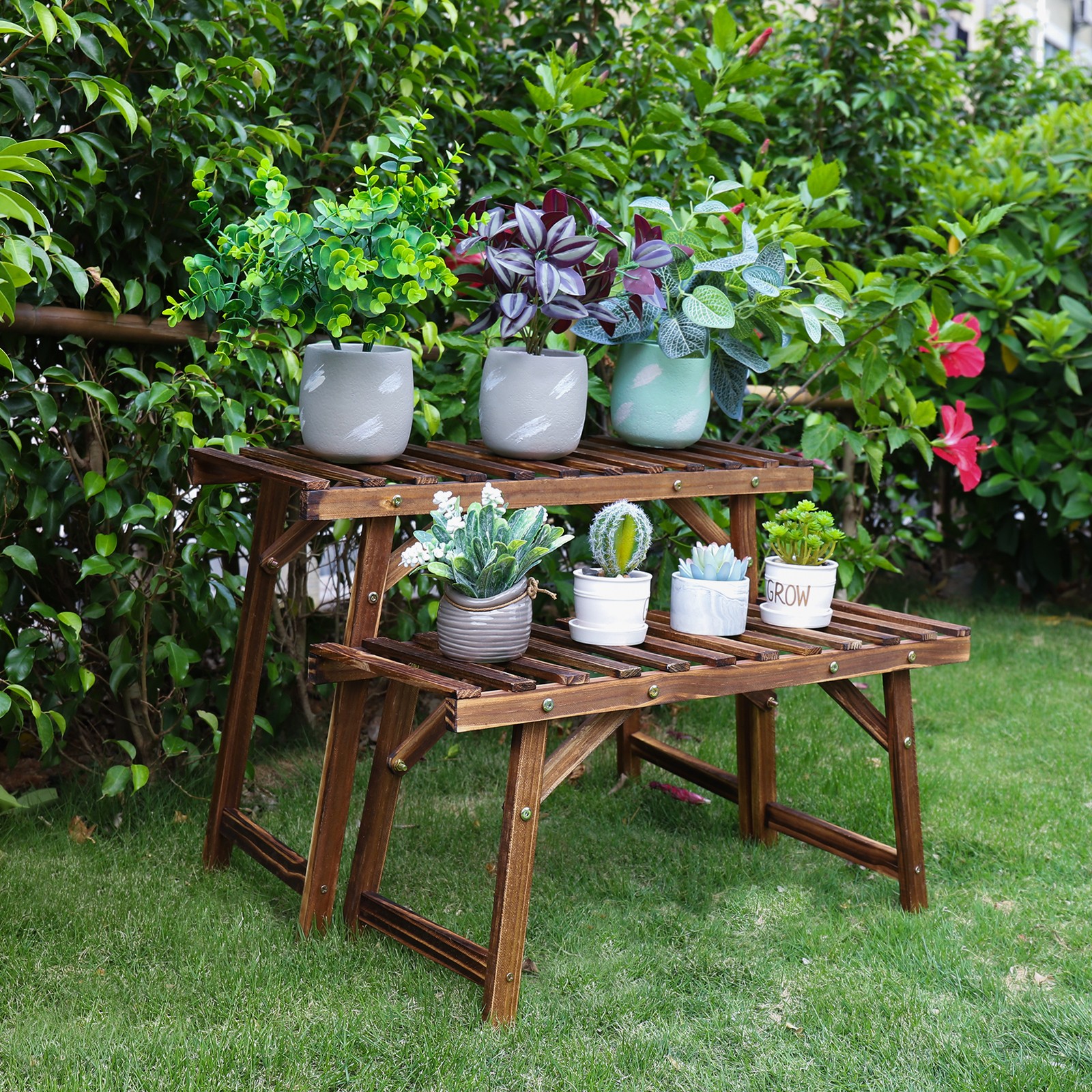 3pcs Pine Wood Ladder Plant Stand Garden Yard Flower Pots Shelf Indoor Outdoor