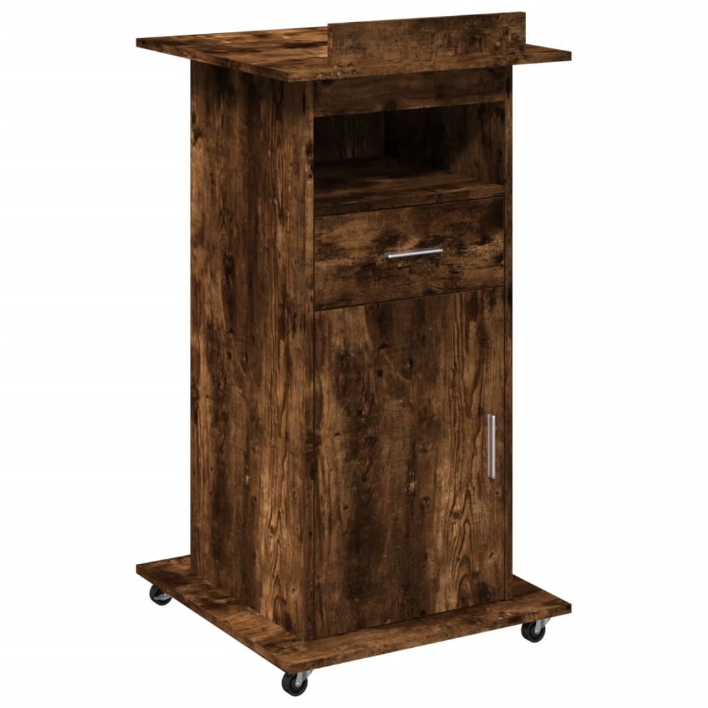 Lectern with Wheels and Drawer Podium Stand Smoked Oak Engineered Wood vidaXL