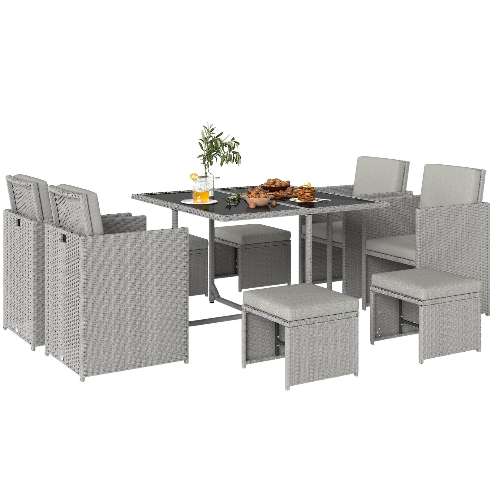 Outsunny 8 Seater Cube Rattan Garden Dining Set with Cushions, Light Grey