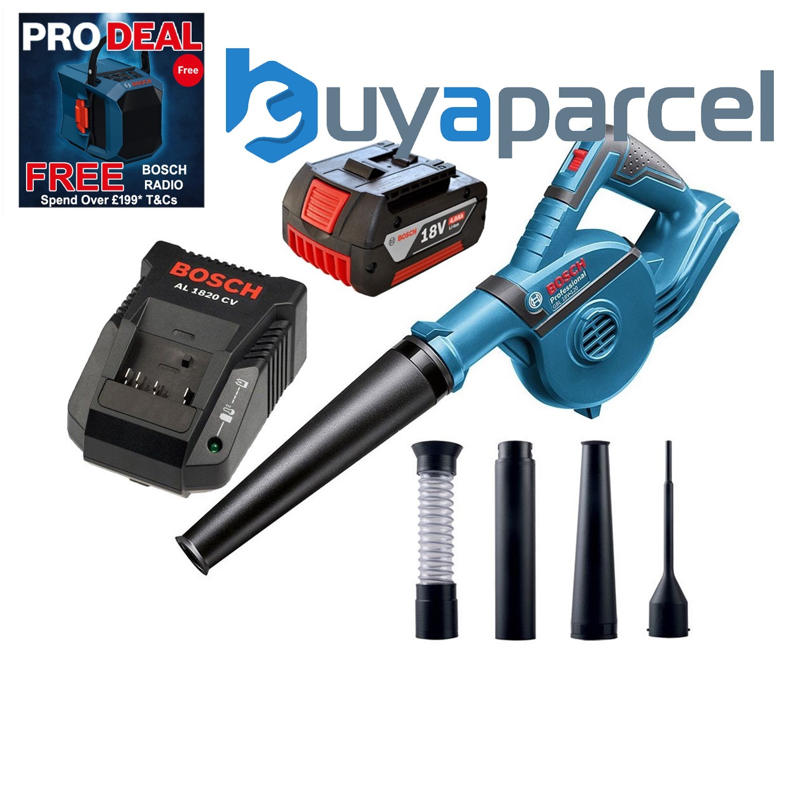 Bosch GBL18V-120 18v Cordless Blower + 4 Nozzles - 4.0ah Battery + Charger