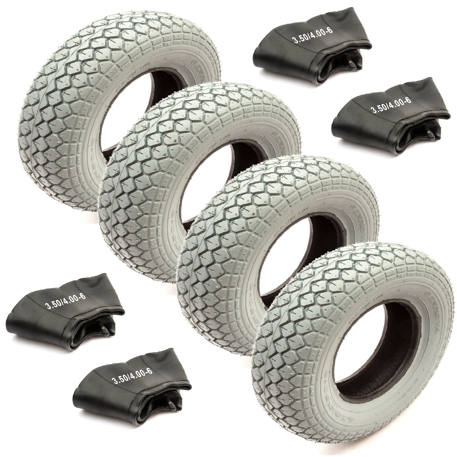 4x Mobility Scooter Pneumatic Tyre 4.10/3.50-6 & Inner Tubes Block Tread Grey