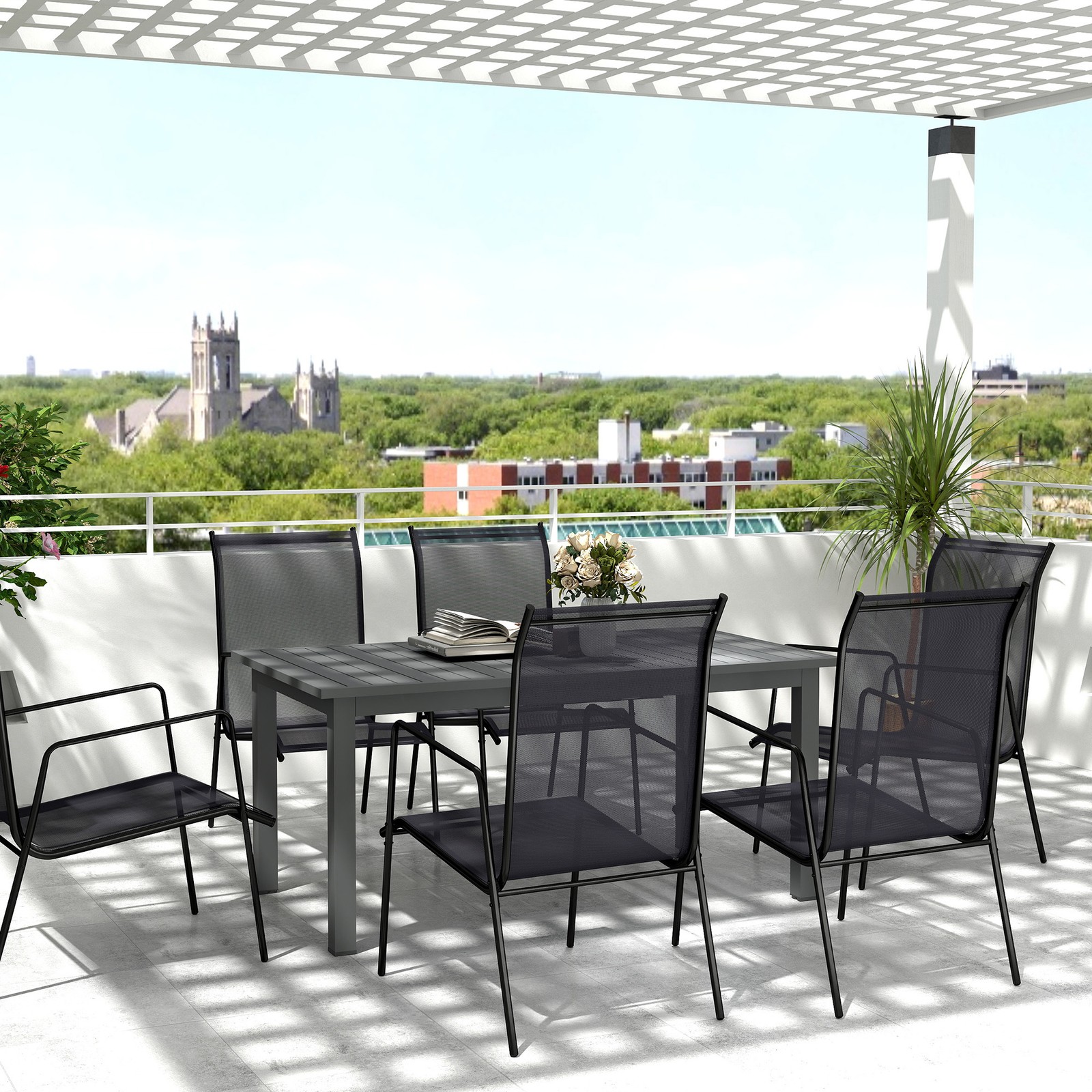 Aluminium Extending Garden Table, Outdoor Dining Table with Slatted Top, Grey