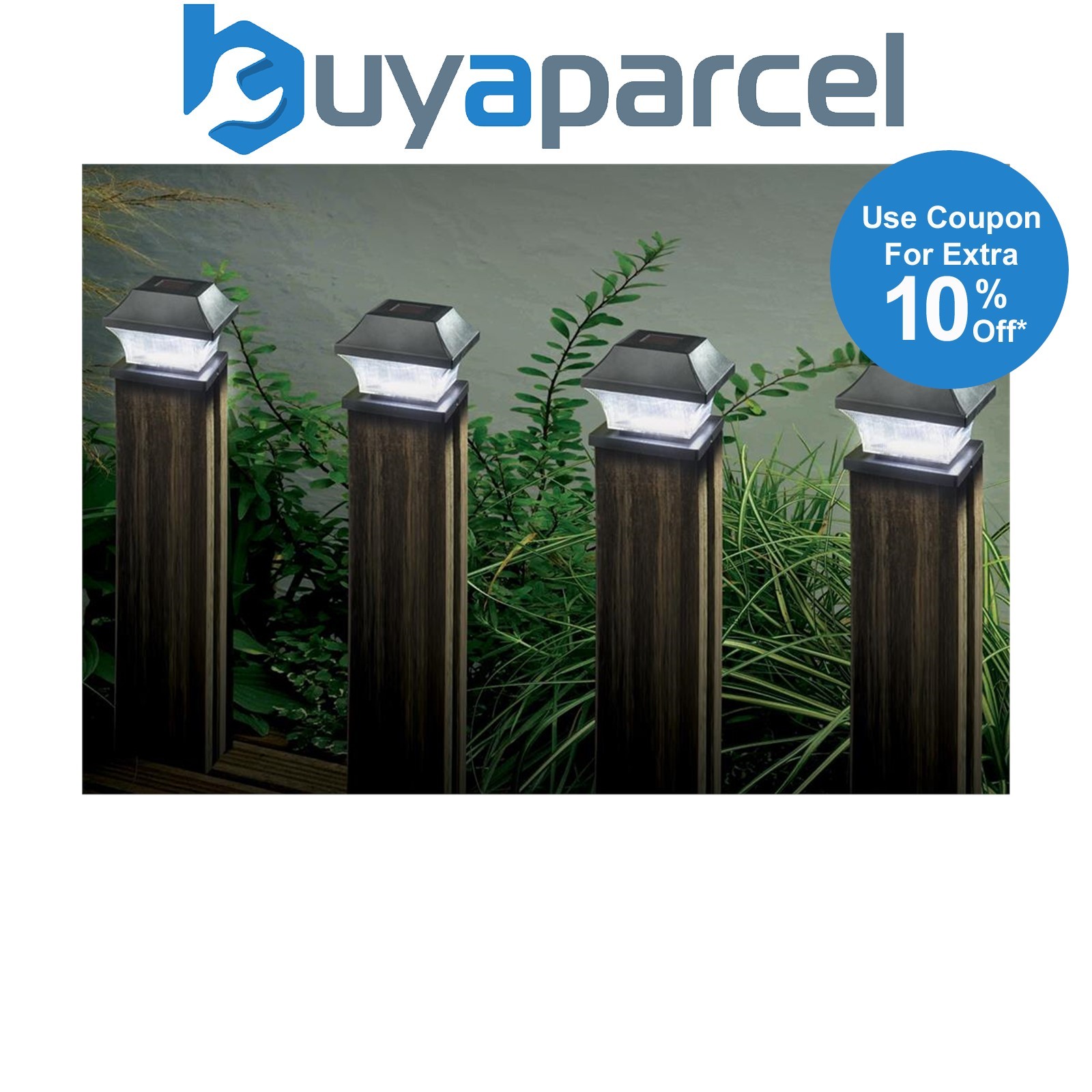 4 x Smart Garden Solar Black Garden Fence Post Top Lights Super Bright White LED
