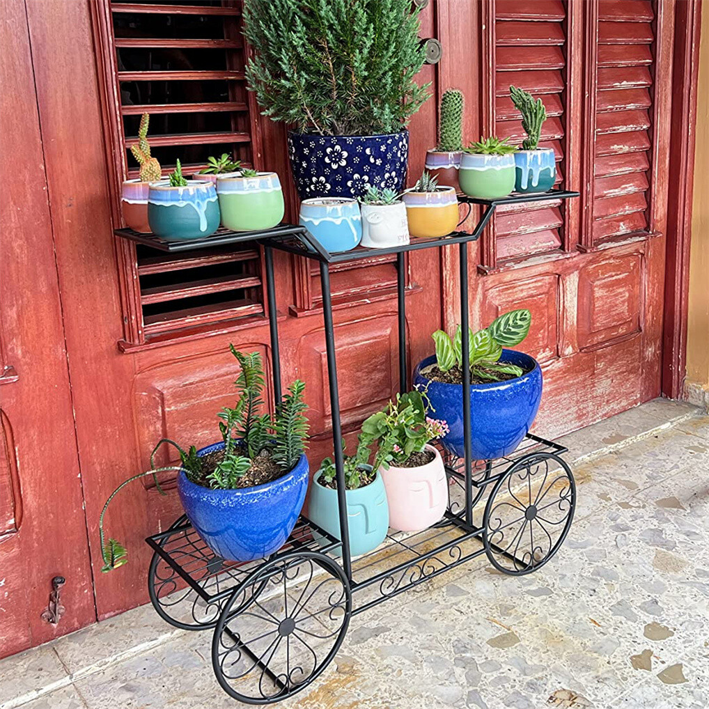 Large Wheel Metal Iron Garden Plant Pot Stand Flower Display Shelf Patio 83x68cm