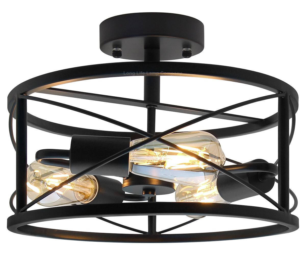 Black Metal Drum Shade Round Flush Mount Industrial 3 Way Ceiling Light H3023