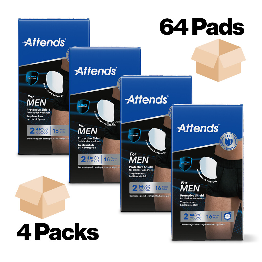 ATTENDS Shield Level 2 Incontinence Pads for Men - 4 packs of 16 (64 Pads)