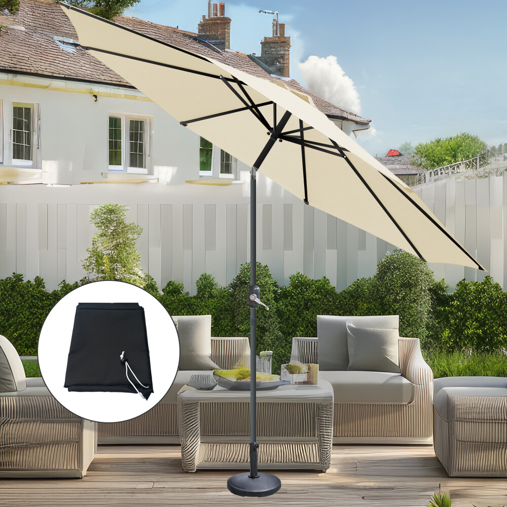 2.7M Cream Round Garden Parasol Umbrella Sun Shade Crank Tilt with Base Cover