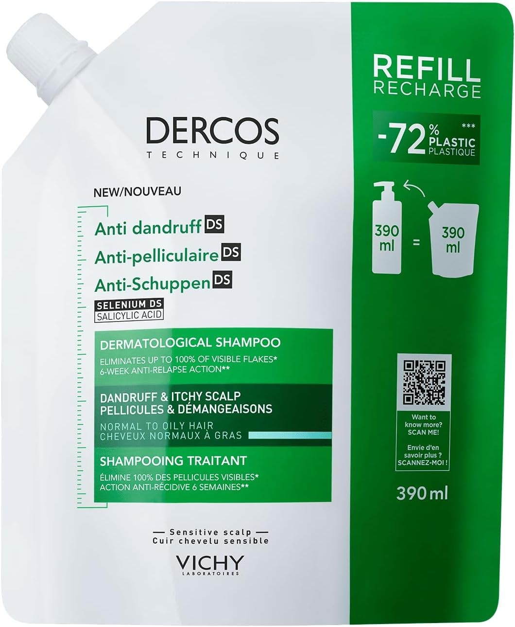 Vichy Dercos Anti-Dandruff Dermatological Shampoo for Normal to Oily Hair, 390