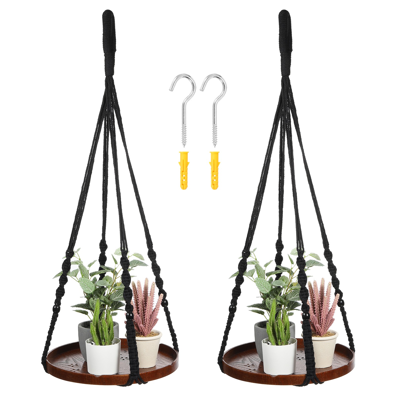 2 Pack Macrame Hanging Plant Shelf with Sturdy Wood Base, Black