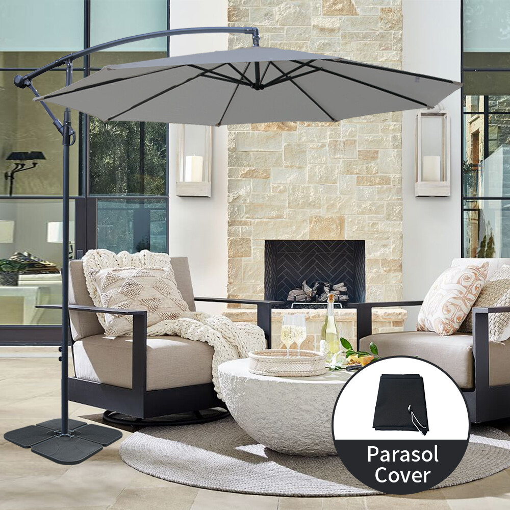 3M Garden Cantilever Banana Parasol Hanging Umbrella Grey with Base and Cover
