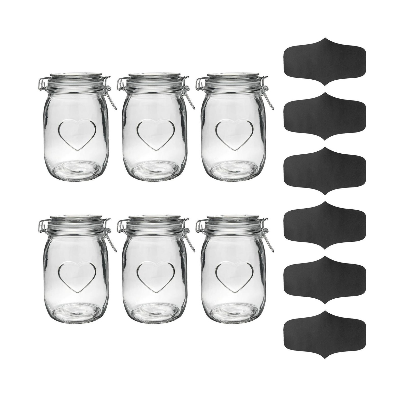 6x Heart Glass Storage Jars with Labels Food Container Clip 1 Litre Clear Seal