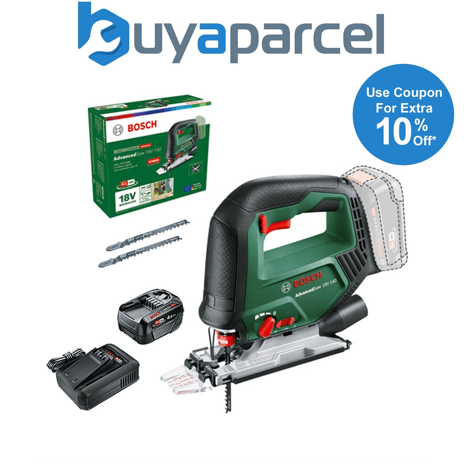 Bosch 0603013000 Cordless Brushless 18v Jigsaw AdvancedSaw 18V-140 4AH Battery