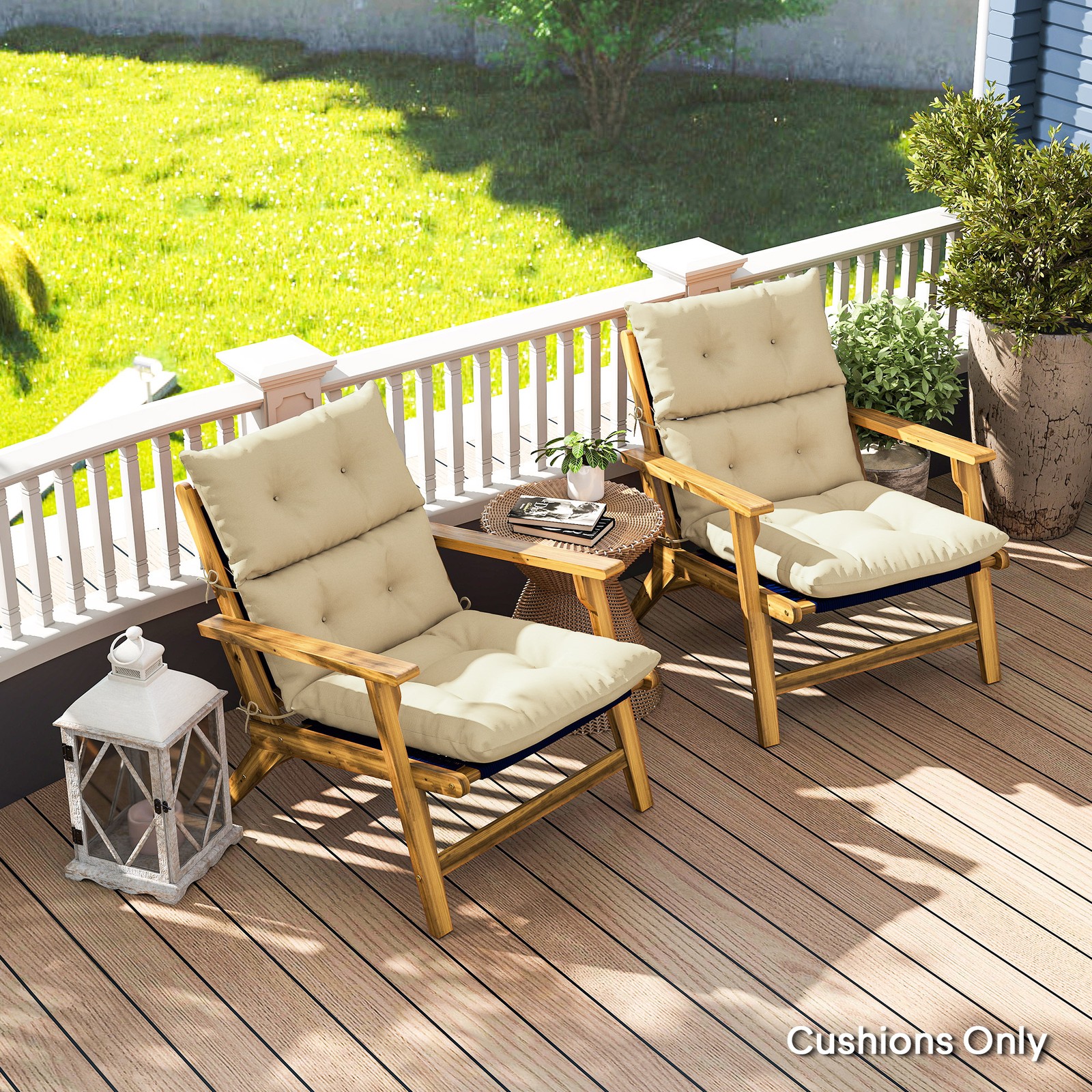 Set of 2 Adirondack Chair Cushions, Garden Seat Cushion Pads w/ Ties, Beige