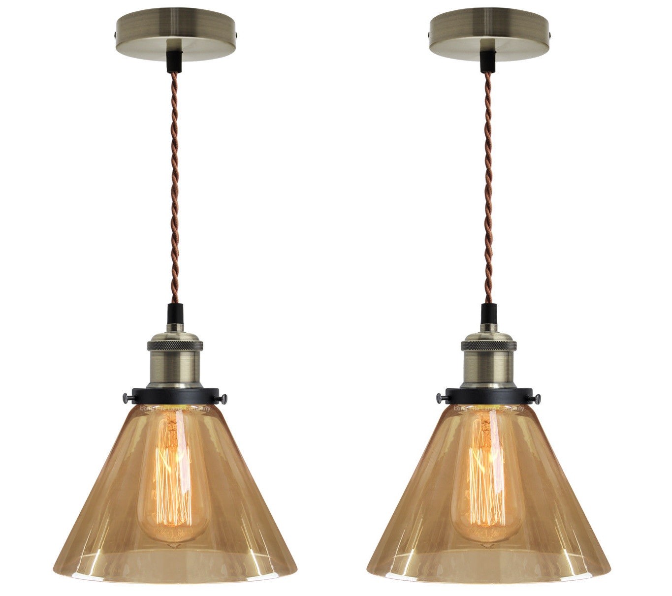 2 x Vintage Gold Smoked Glass Shade Brass Pendant Ceiling Pub Diner Light M0082