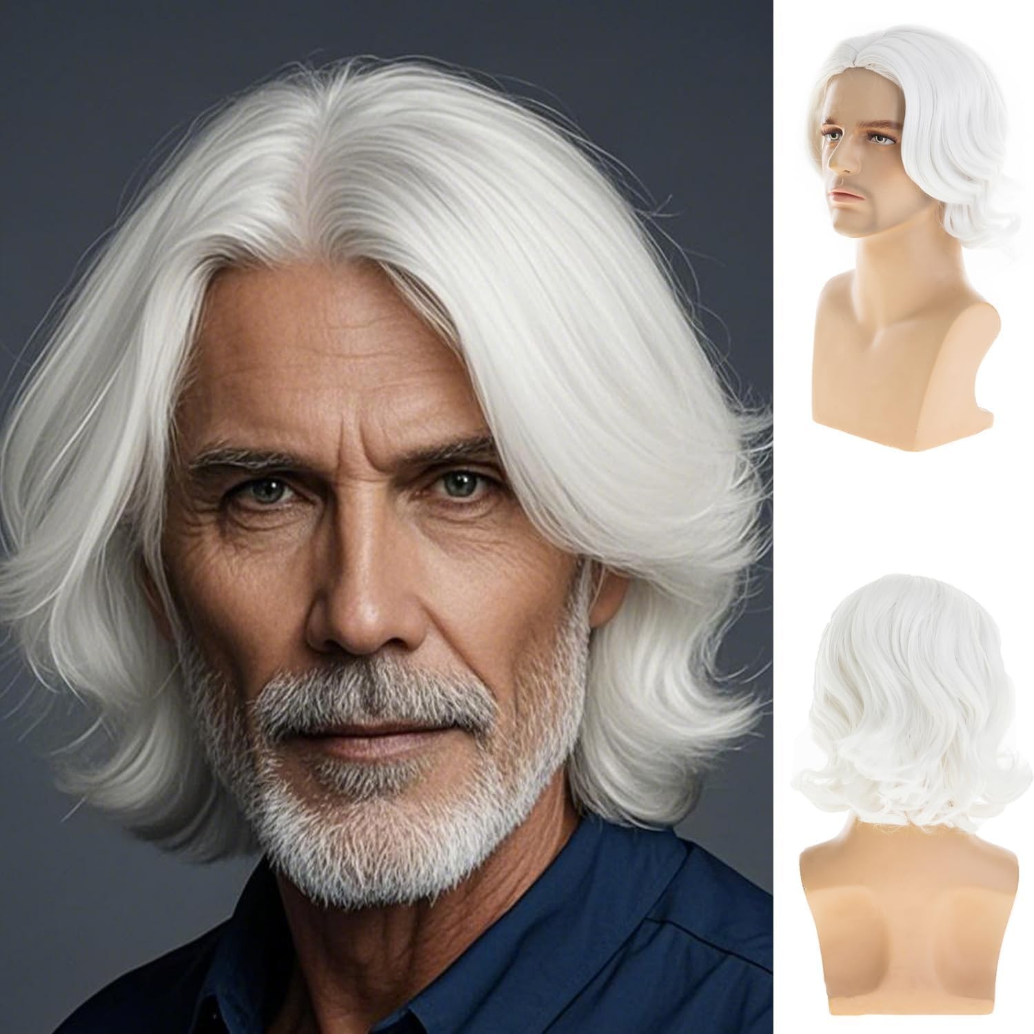 Mens White Short Wavy Bob Wig Synthetic Cosplay Party Replacement Hair Wig