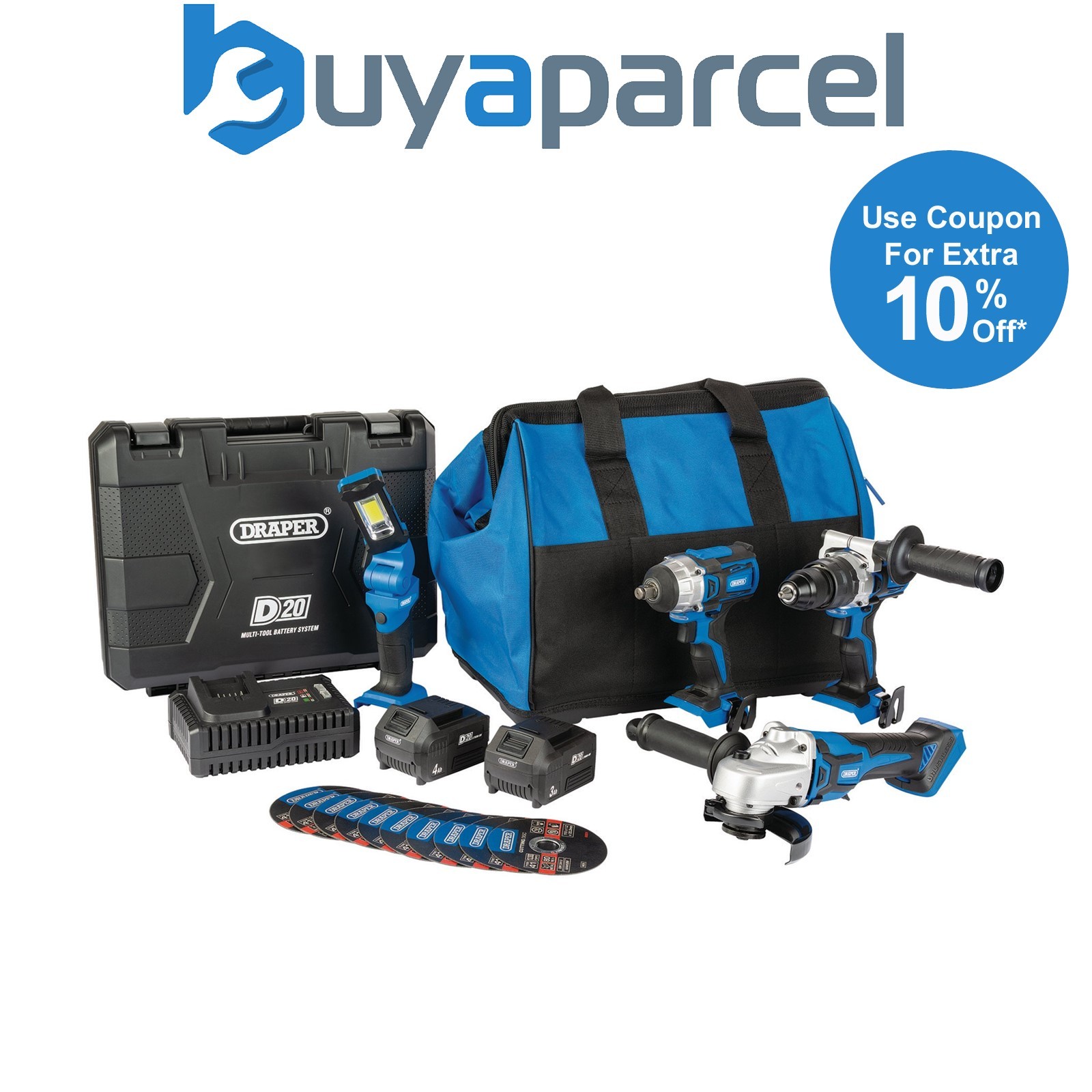 Draper 90470 D20 20V Workshop Kit, 1 x 3.0Ah Battery, 1 x 4.0Ah Battery, 1 x Fas