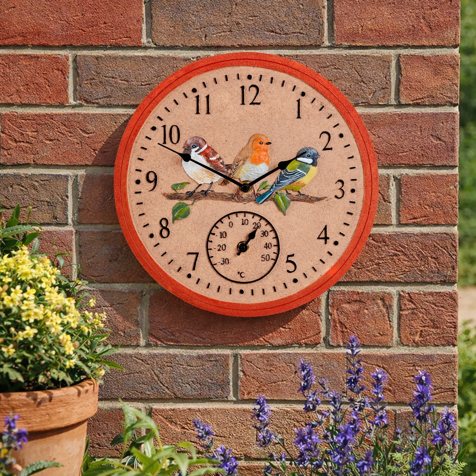 Garden Wall Clock Thermometer 12'' Outdoor Indoor Birds Round Battery Orange