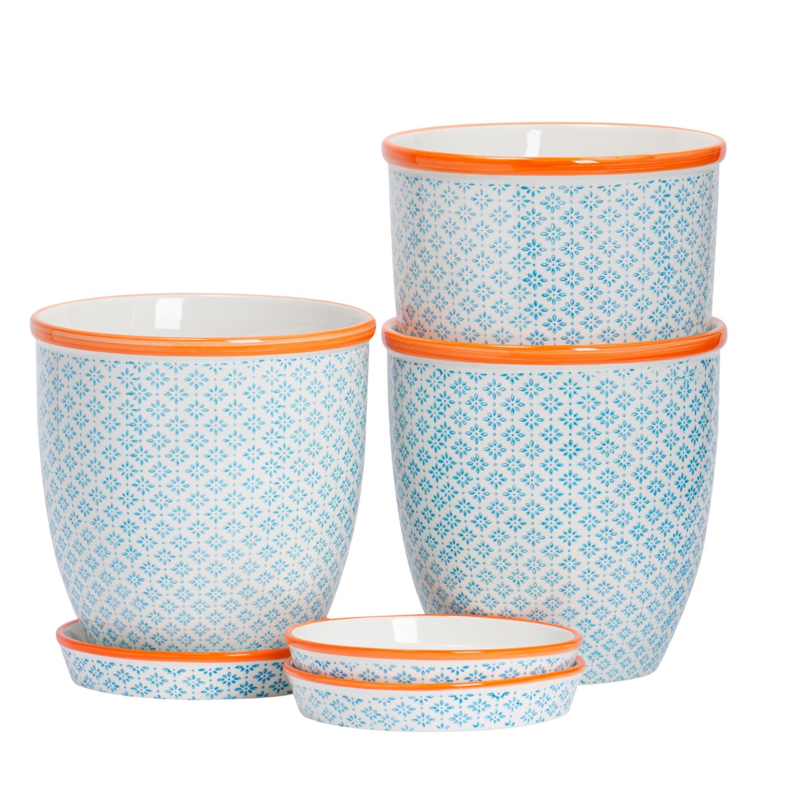 3x Hand-Printed Plant Pots with Saucers Garden Flower Planter 20.5cm Blue