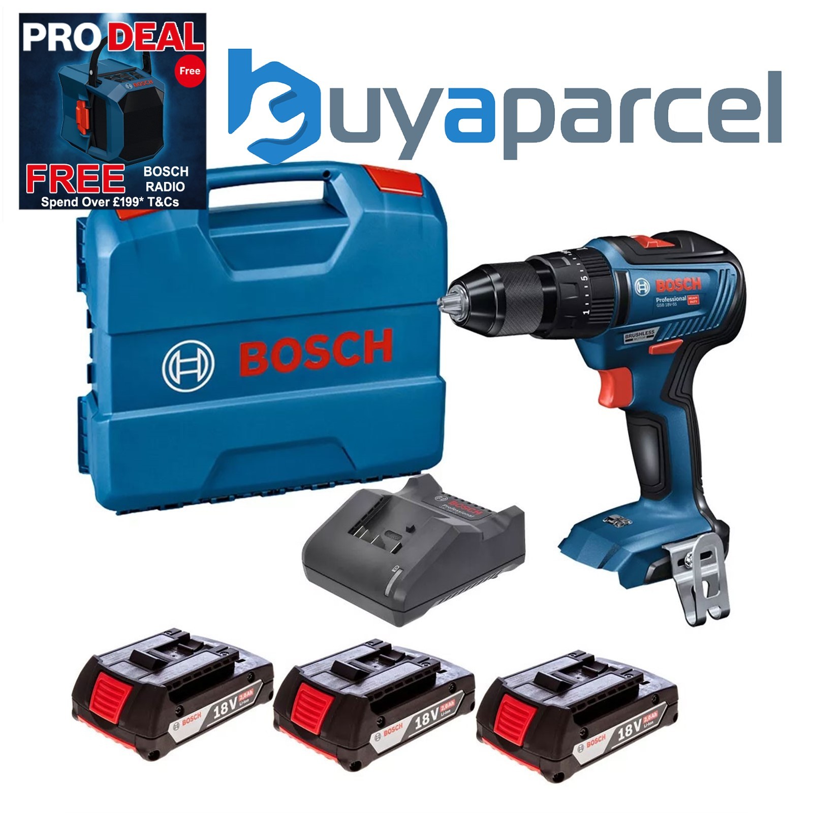 Bosch 18v GSB 18V-55 Brushless Combi Hammer Drill - 3 x 2.0ah Battery + L Case