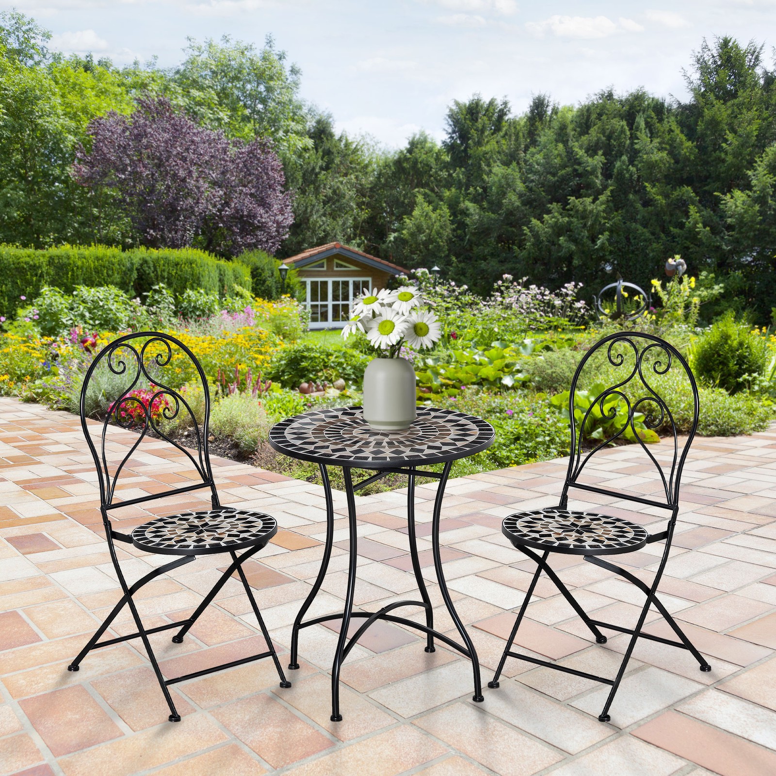 3 PCs Mosaic Tile Garden Bistro Set W/ Table and 2 Folding Chairs Patio Balcony