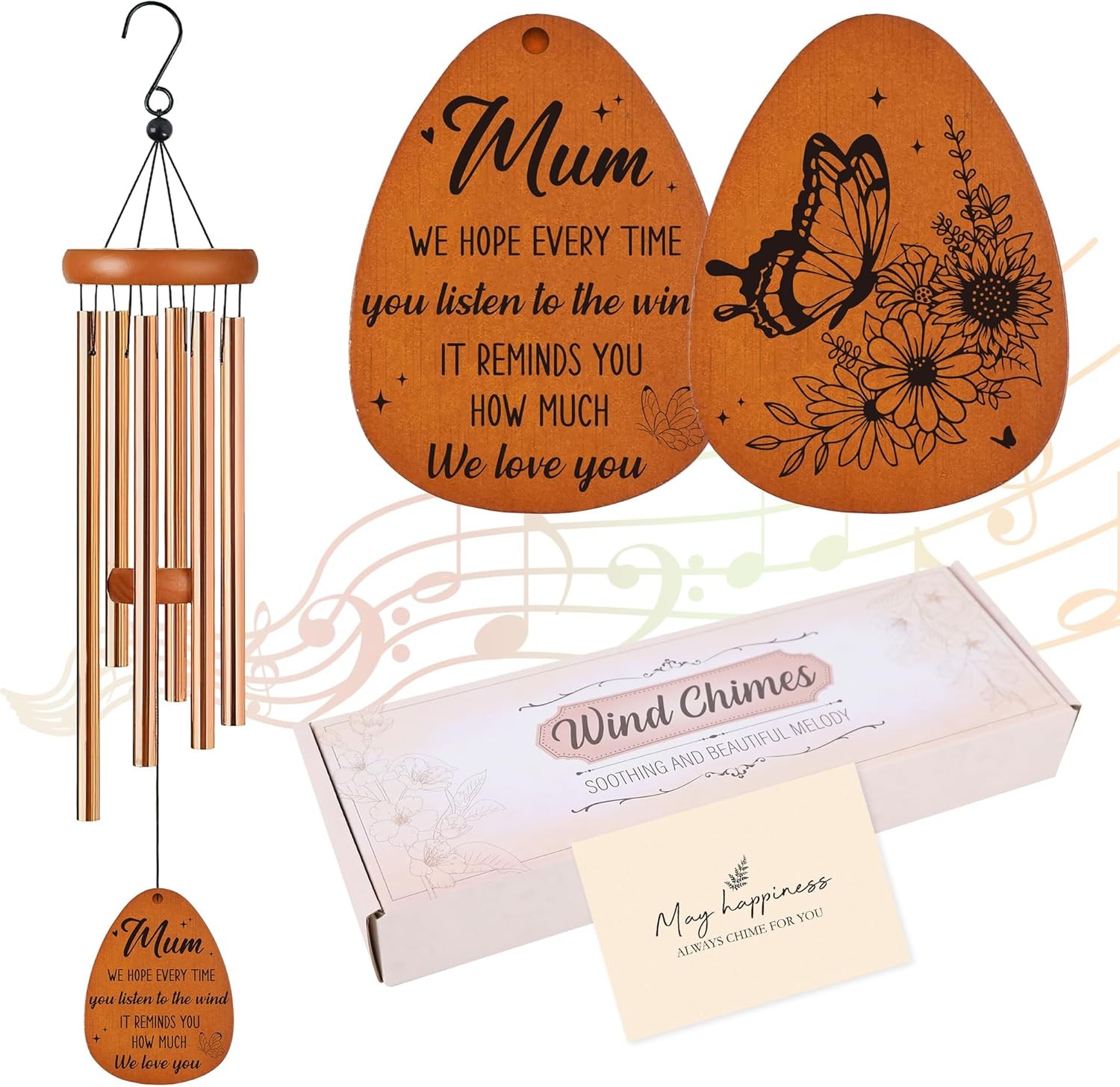 Gifts for Mum, Wind Chimes with “Best Wishes” Message,Butterfly & Flower De