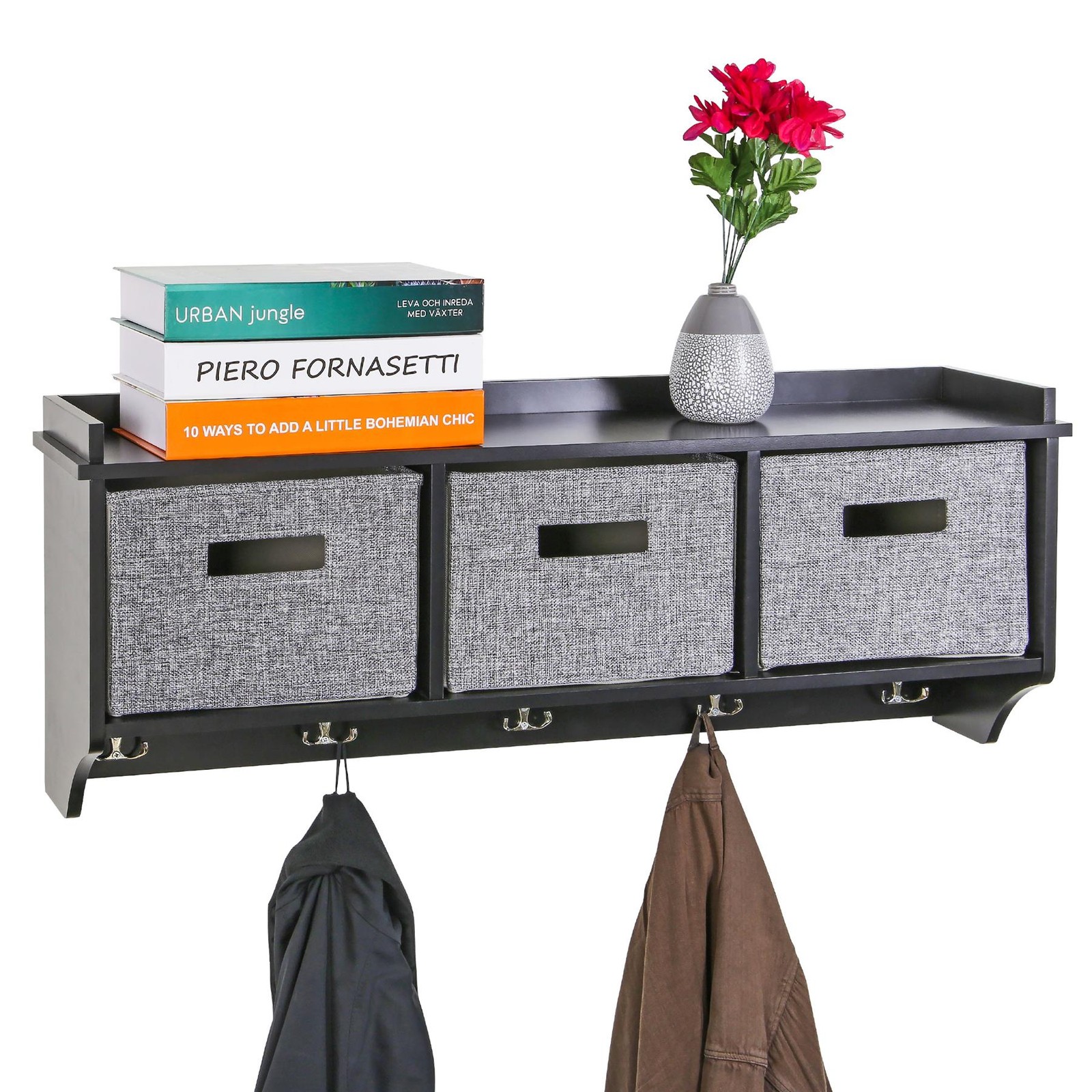 Wall Mounted Coat Rack Black Shelf with 2 Grey Pull Out Baskets & 5 Double Hooks