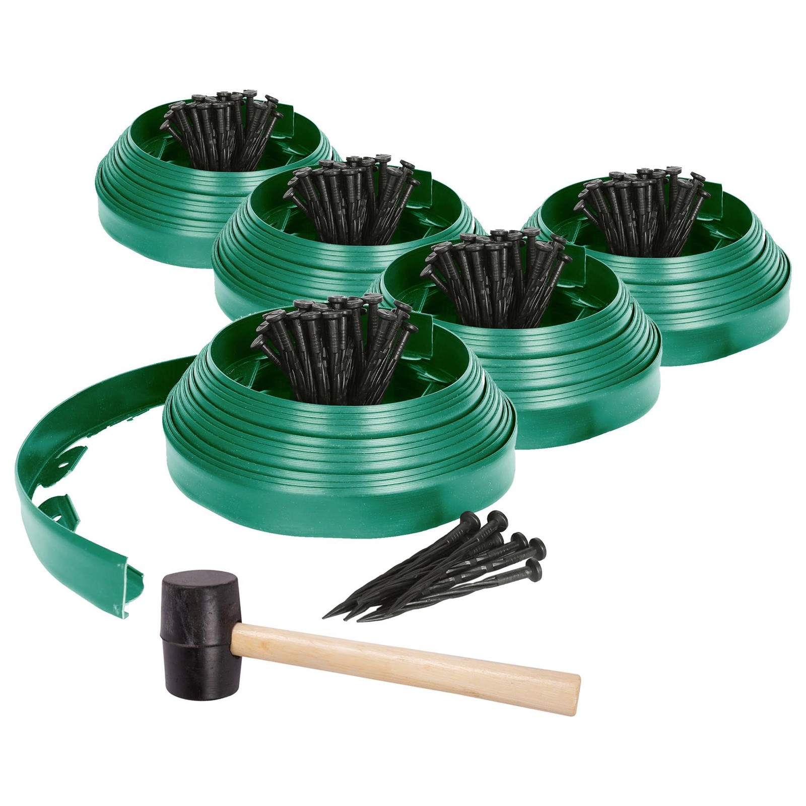 5x Flexible Plastic Lawn & Path Edging with 200 Pegs & Mallet 50m x 4cm Green