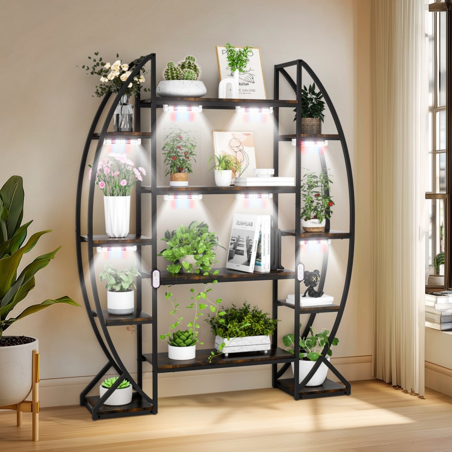 Plant Stand Indoor with Grow Lights Tall Bookshelf Metal Frame Flower Pot Holder