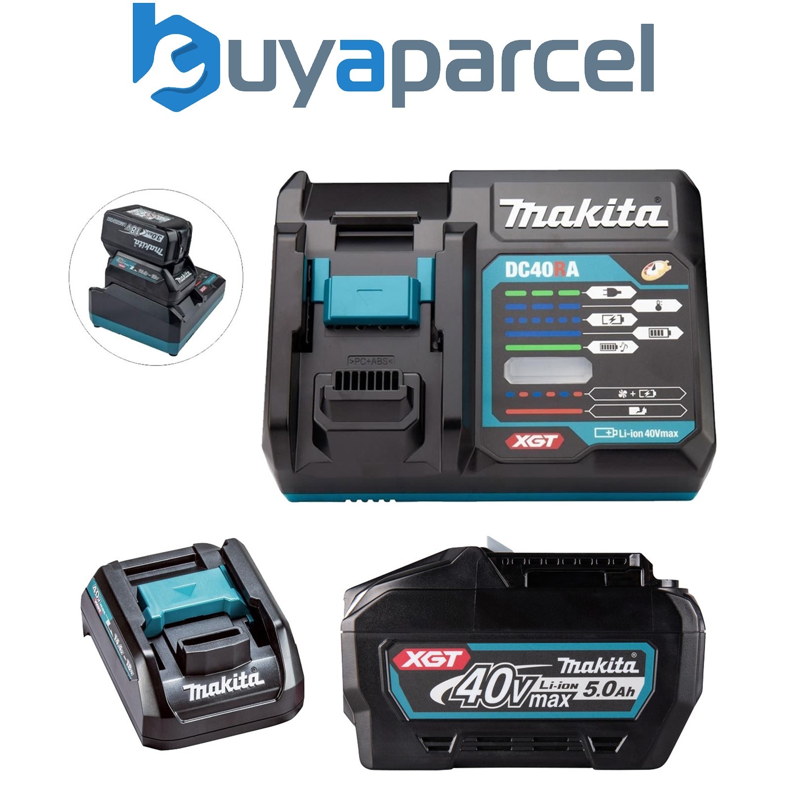 Makita BL4050F 40V Max 5Ah XGT Battery + DC40RA Fast Charger + 18v LXT Adaptor