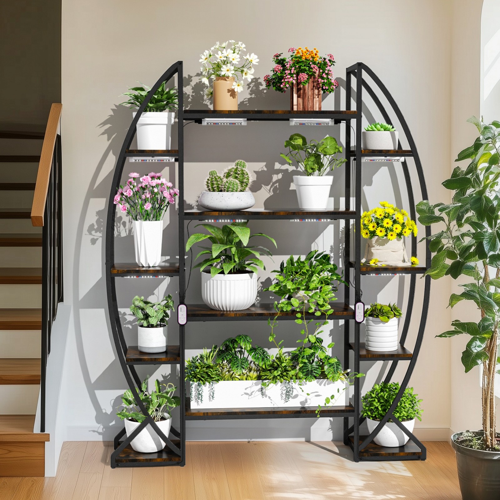 8 Tiers 70” Extra Large Flower Indoor Plant Stand Oval Bookshelf W/Grow Light