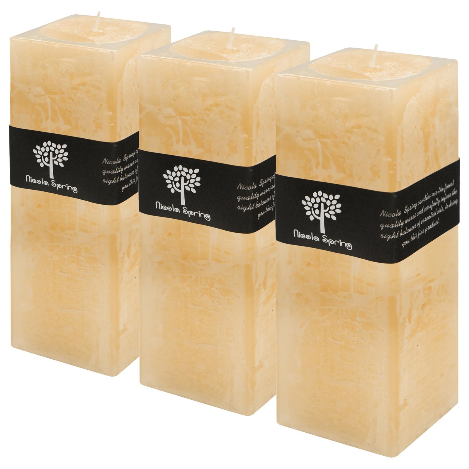 3x Square Vanilla Pillar Candles Large Scented Single Wick 110 Hours Cream