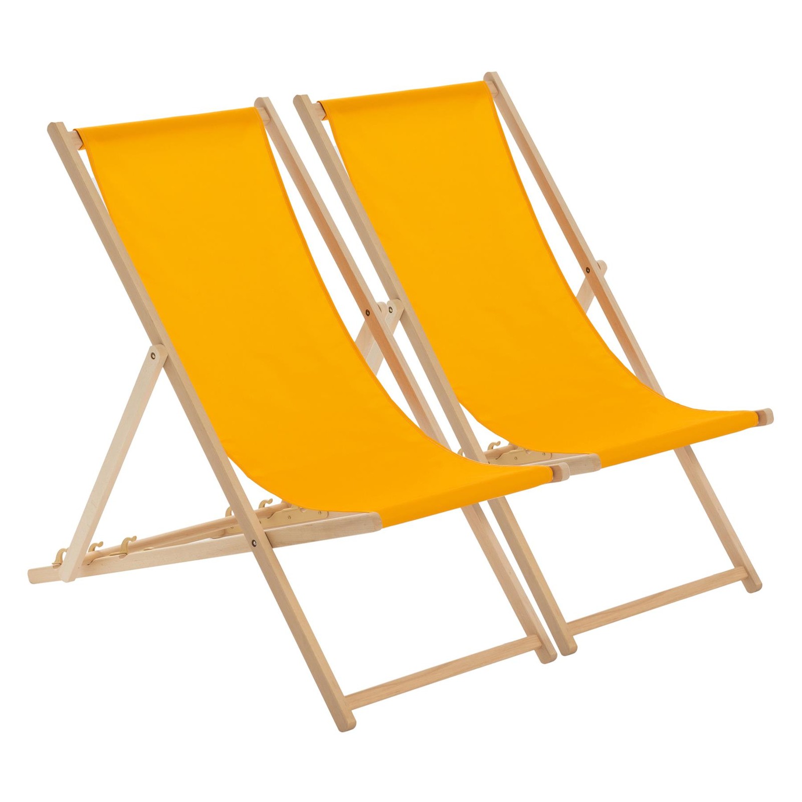 2x Folding Wooden Deck Chairs Adjustable Reclining Canvas Beach Lounger Orange