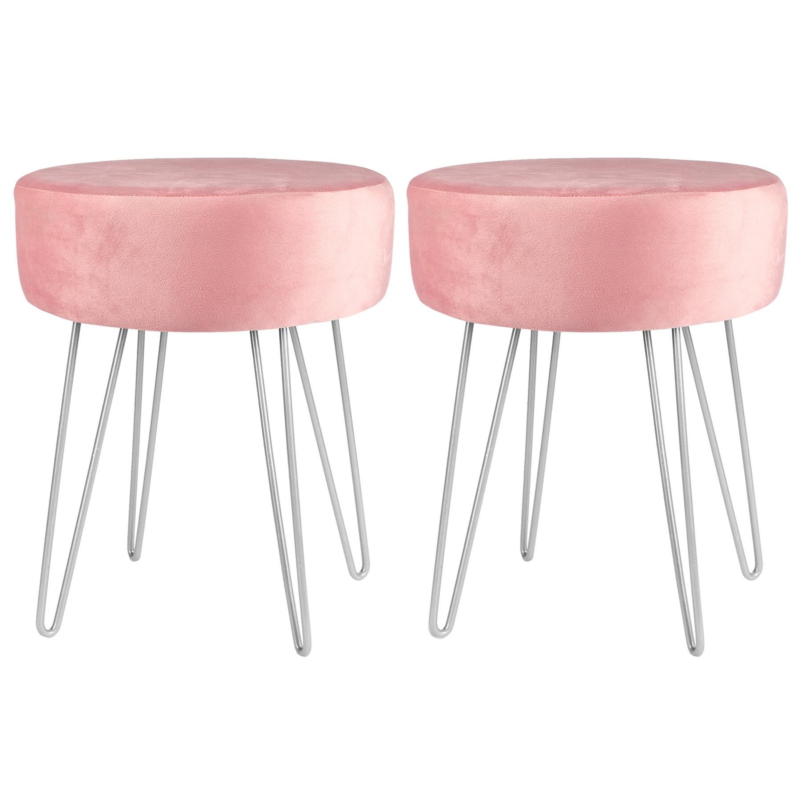 2x Pink/Silver 35cm x 40cm Round Velvet Footstools Ottoman Stool Pouffe Seat