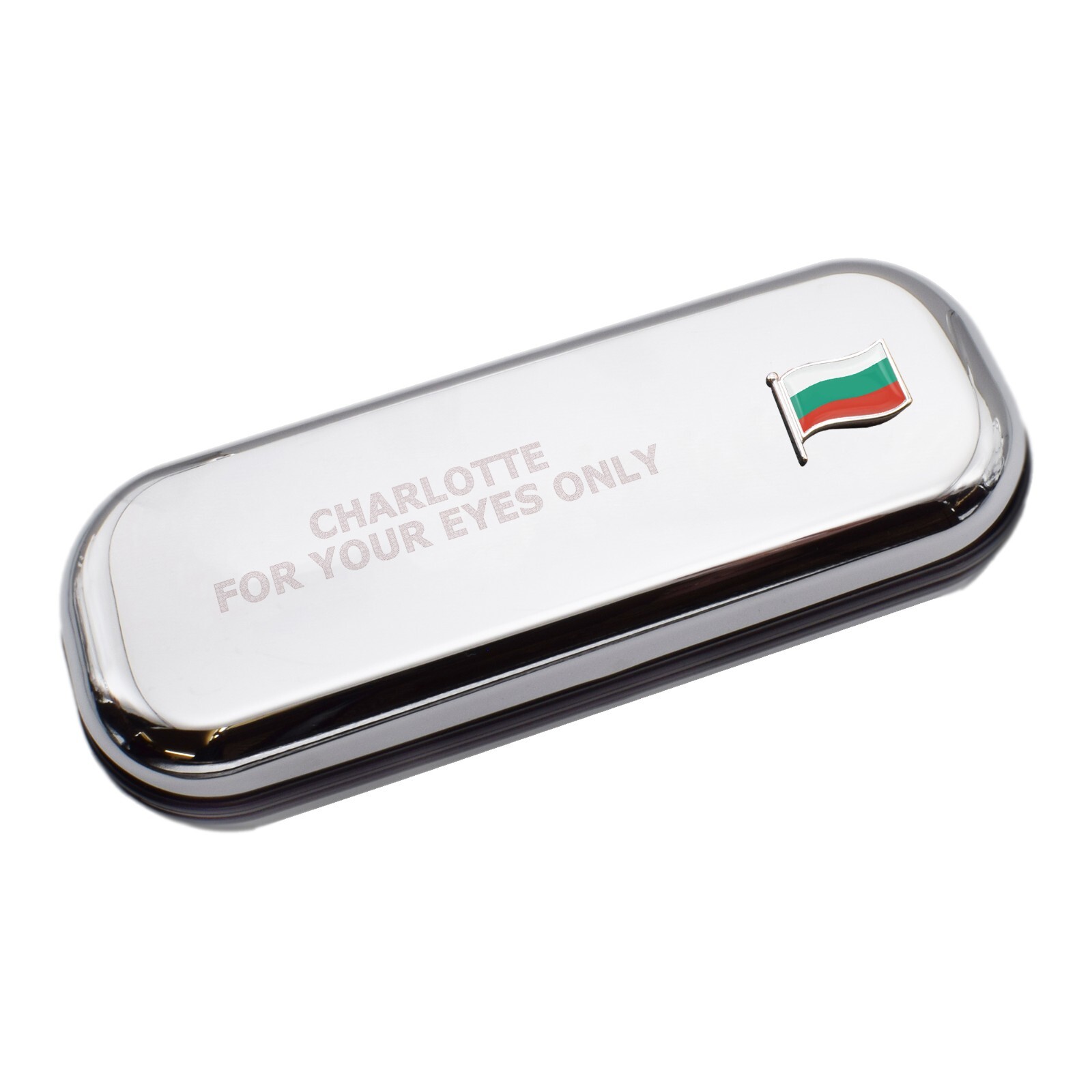 Bulgaria Wave Flag & Engraved With Message Chromed Glasses Case Box
