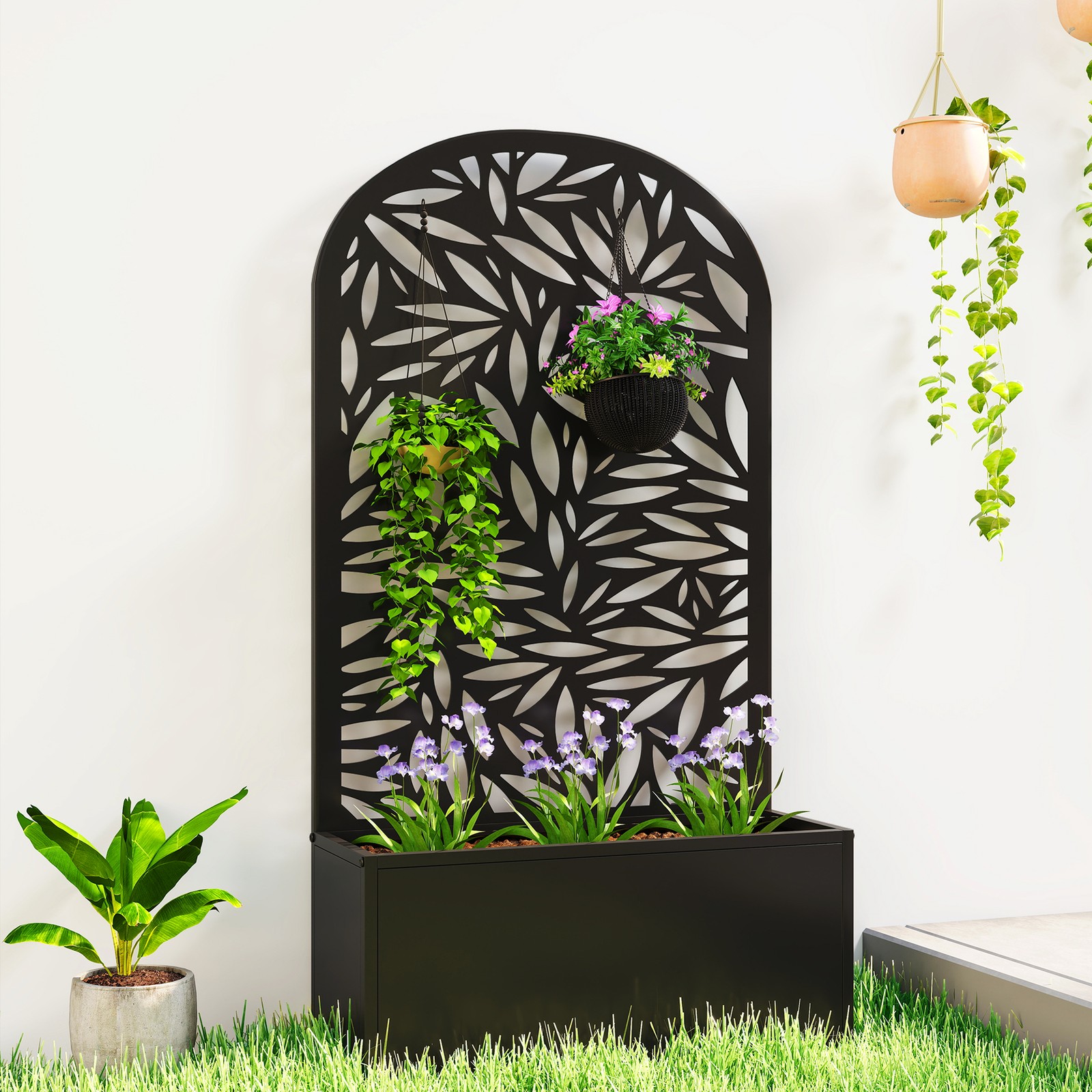 Planter Box with Privacy Screen, Wall Mounted or Freestanding Trellis Planter