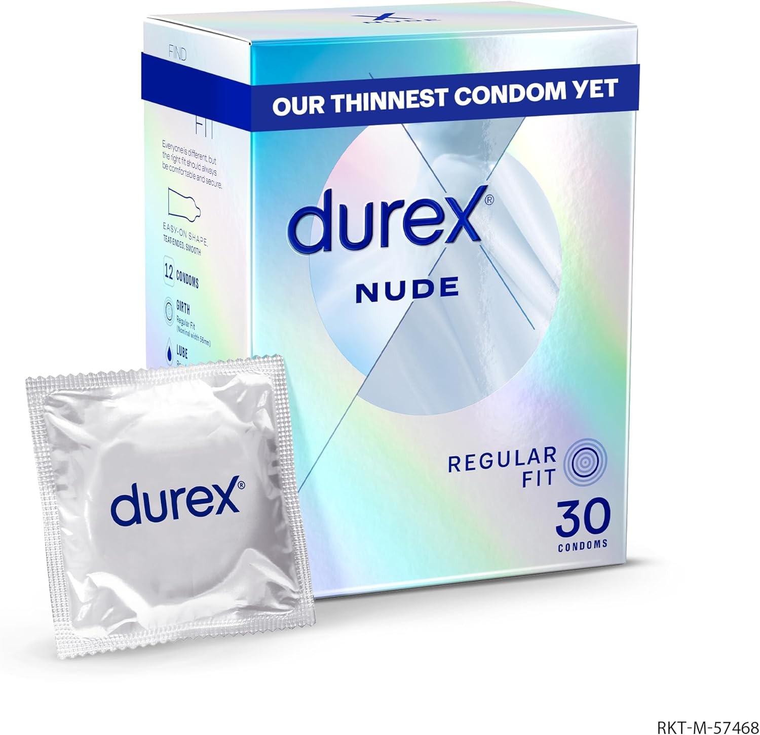 Durex Nude Ultra Thin 30 Condoms Regular Fit Silicone Lube Easy On Teat End