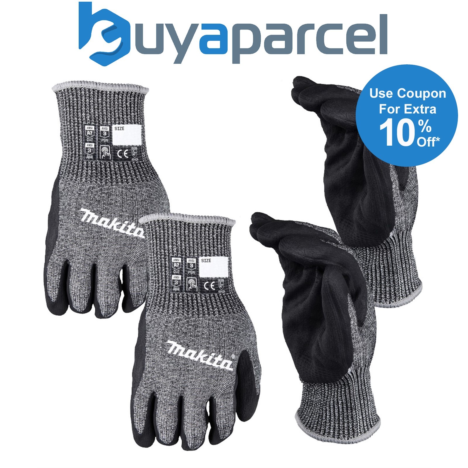 Makita Advanced FitKnit Large Cut Level 7 Nitrile Coated Dipped Gloves x2 Pair