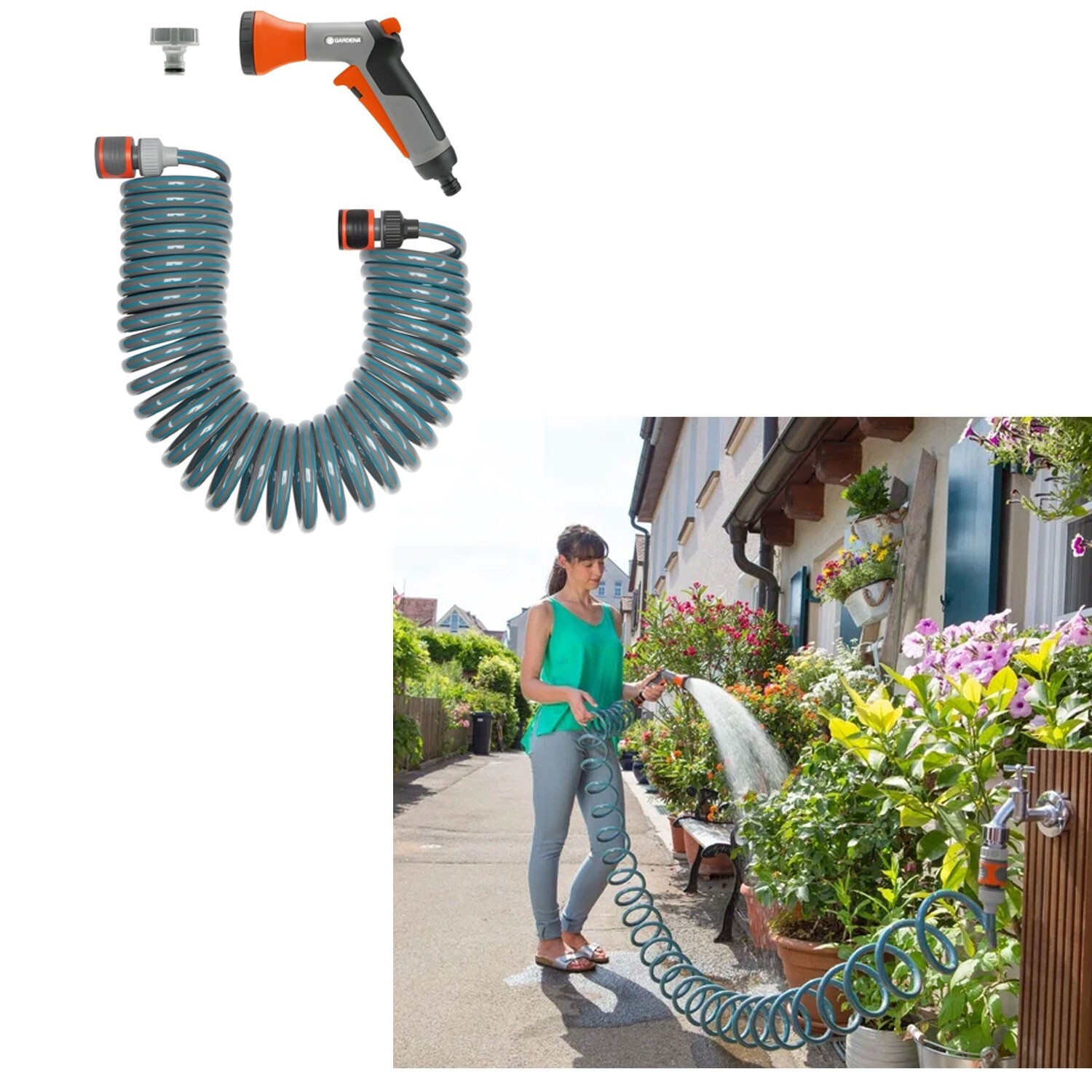 GARDENA 10m Spiral Hose Set – Self-Retracting Garden Hose with Spray Nozzle -NEW