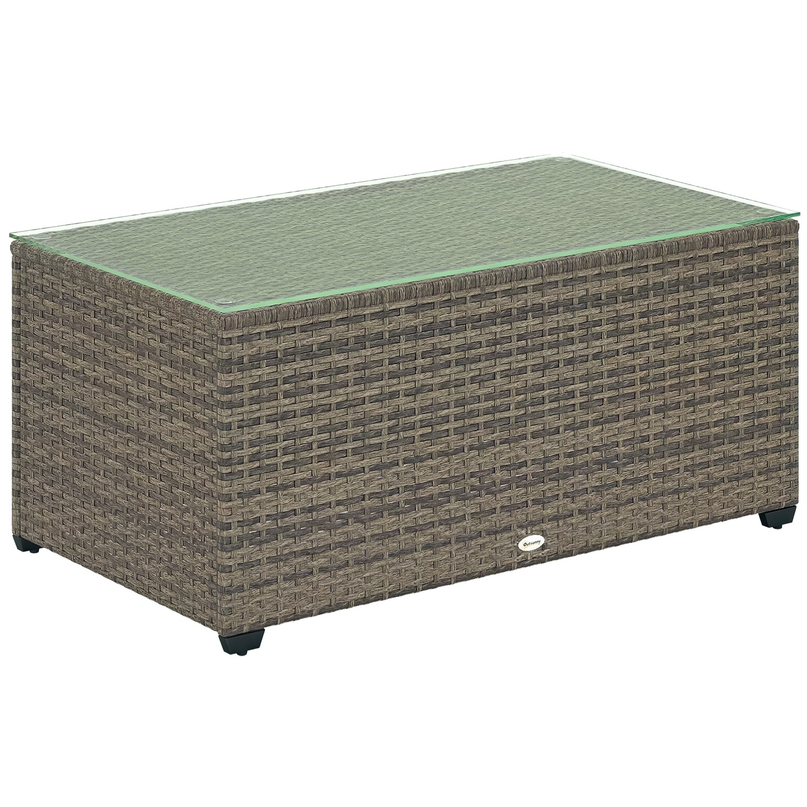Outsunny Outdoor Coffee Table, Glass Top Rattan Side Table, Dark Grey