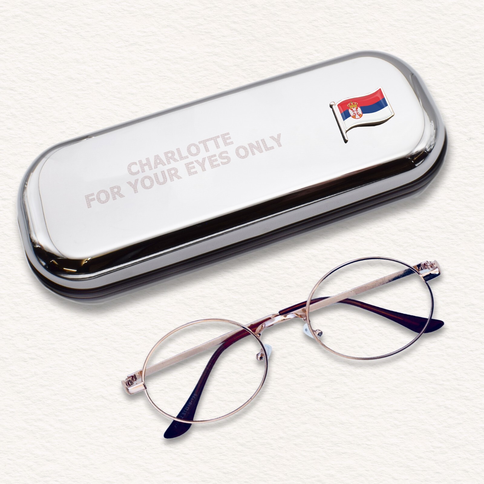 Serbia Wave Flag & Engraved With Message Chromed Glasses Case Box