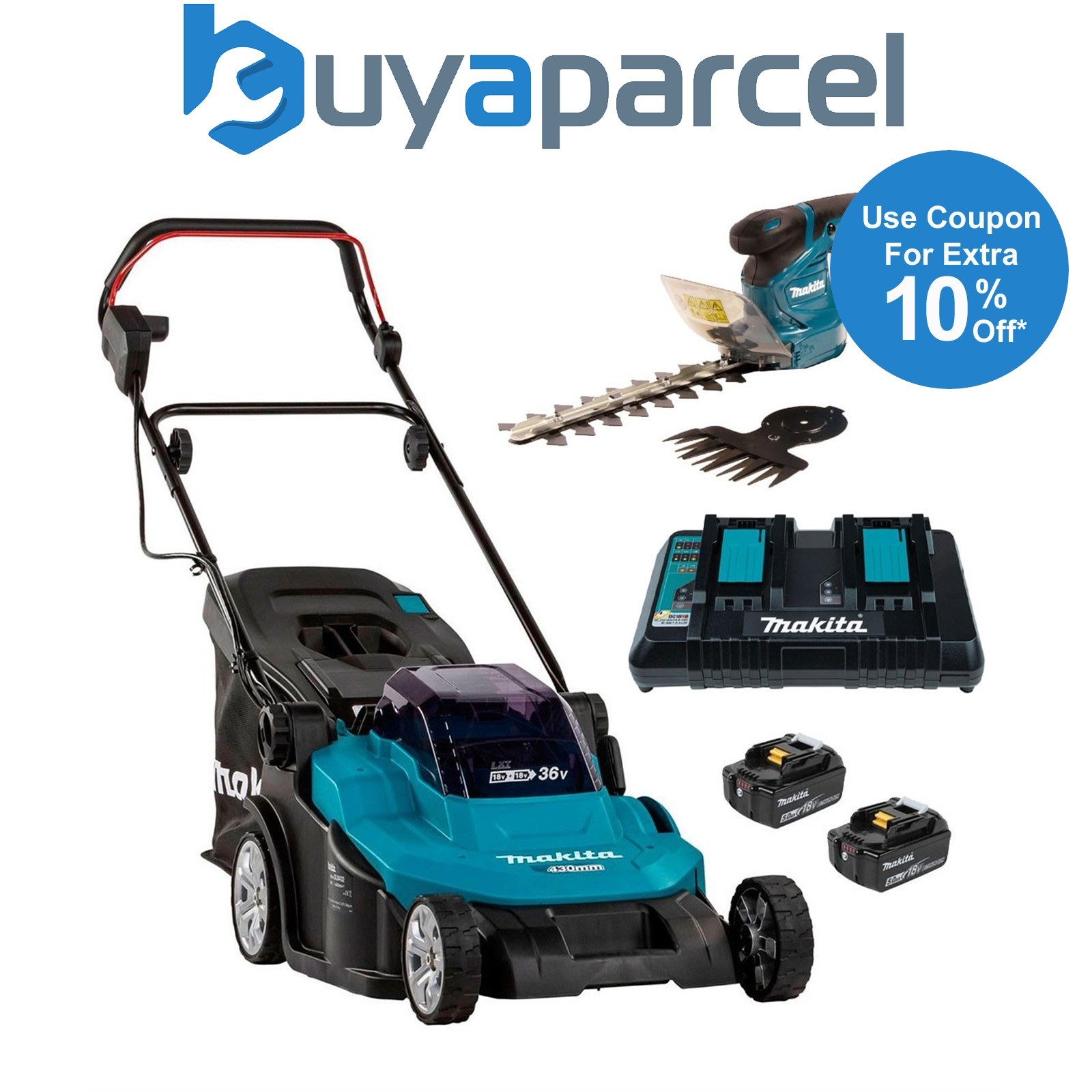 Makita DLM432PT2 Twin 18v / 36v LXT Cordless 43cm Lawn Mower + Hedge Trimmer 5AH