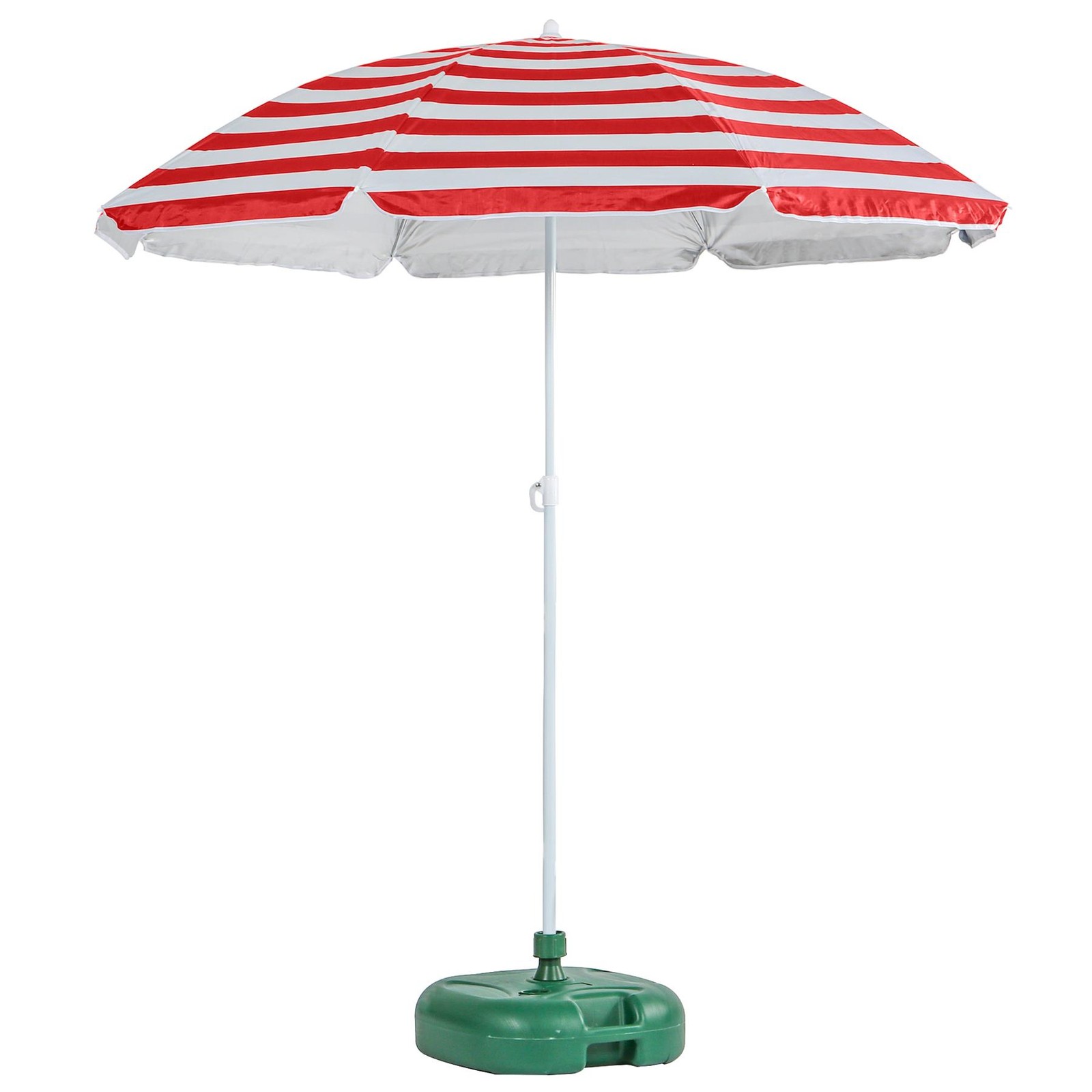 1x Metal Beach Parasol with Base 1.8M x 2M Red Stripe/Green UPF50+ Sun Umbrella