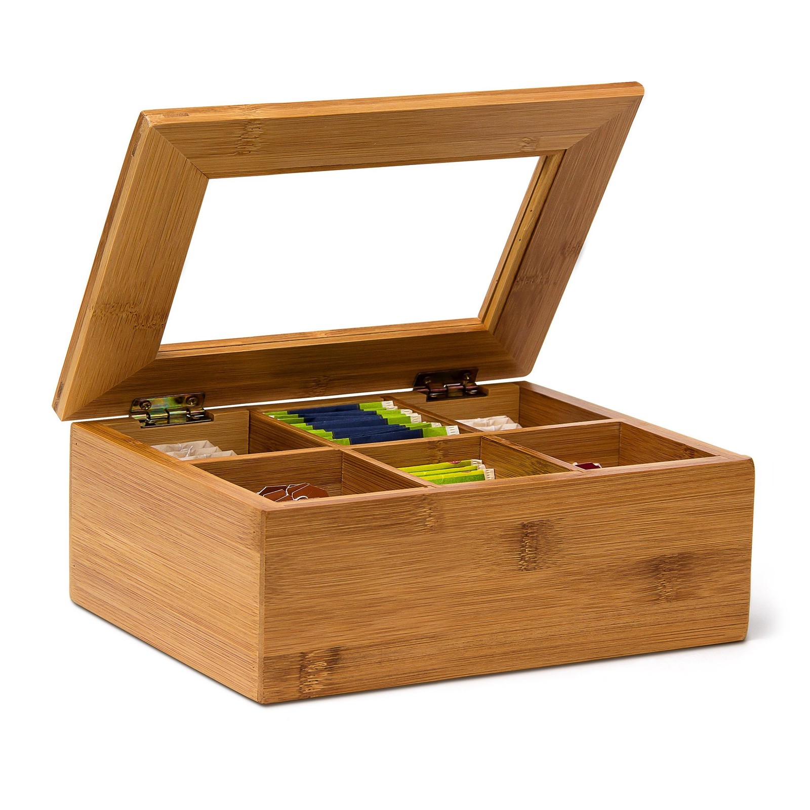 Relaxdays Bamboo Box with 6 Compartments Bag Caddy Wooden with Closable Lid + Wi