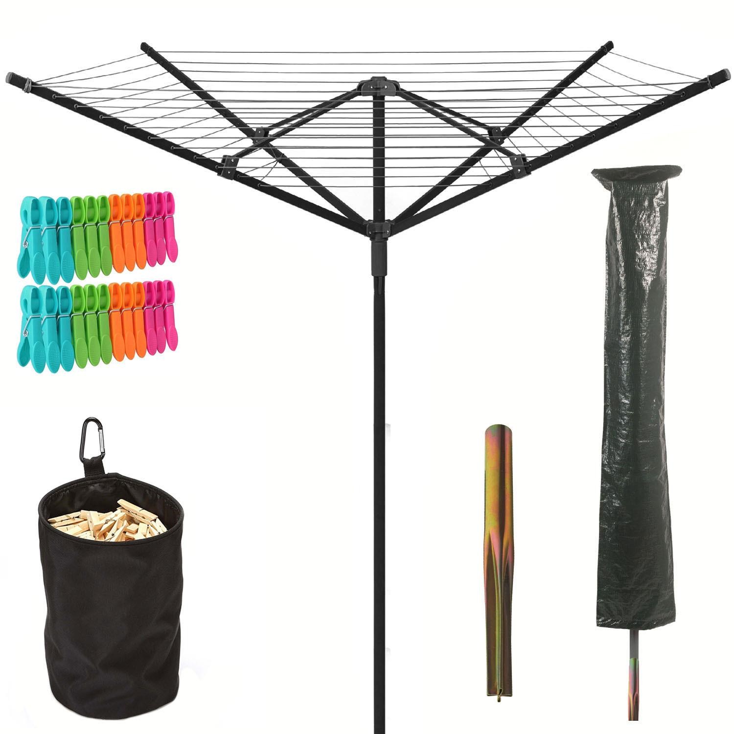 50m Black Garden 4 Arm Rotary Washing Line Clothes Dryer Airer Cover Spike Pegs